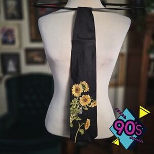 Structure Silk Tie Vintage 90s Mens Black Sunflower Floral Print Made in USA